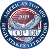 America's Top 100 High Stakes Litigators award logo with wings, year 2019, red, white, blue.