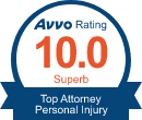 Avvo rating badge: 10.0, Superb, Top Attorney for Personal Injury, dark blue and orange.